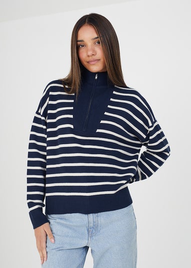 Brave Soul Navy Striped 1/2 Zip Knitted Jumper