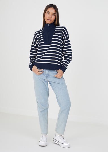 Brave Soul Navy Striped 1/2 Zip Knitted Jumper