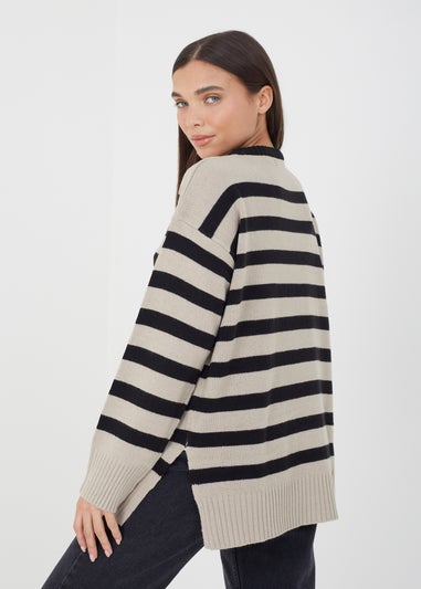 Brave Soul Taupe Fine Stripe Oversized Knitted Jumper