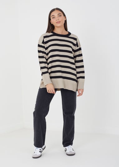 Brave Soul Taupe Fine Stripe Oversized Knitted Jumper