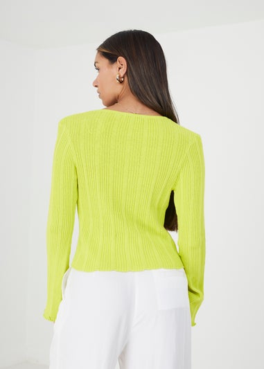 Brave Soul Lime Ribbed Knitted Cardigan with Wide Sleeve