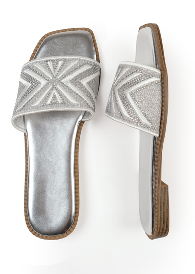 Where's That From Silver Metallic Blossom Single Band Flat Sandals