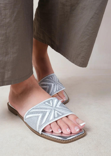 Where's That From Silver Metallic Blossom Single Band Flat Sandals