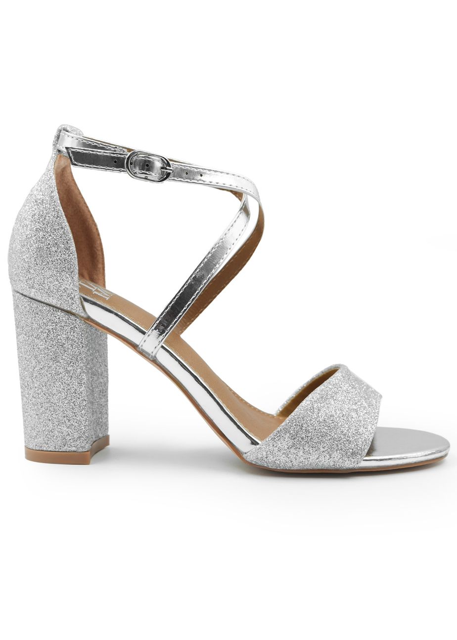 Where's That From Silver Ruth Mid High Block Heel Sandals