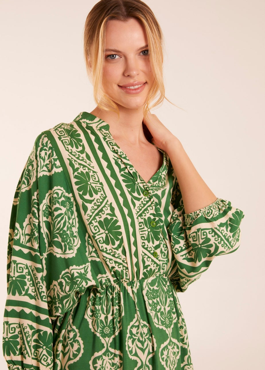 Blue Vanilla Green Abstract V-Neck Tiered Maxi Dress