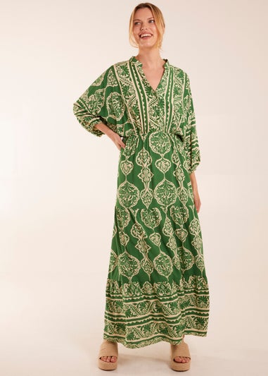 Blue Vanilla Green Abstract V-Neck Tiered Maxi Dress