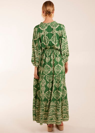 Blue Vanilla Green Abstract V-Neck Tiered Maxi Dress