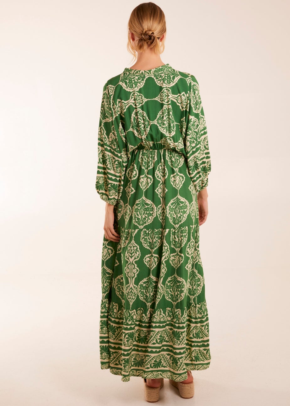 Blue Vanilla Green Abstract V-Neck Tiered Maxi Dress