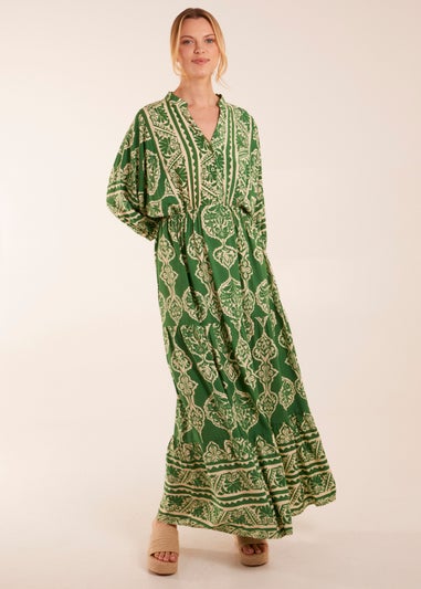 Blue Vanilla Green Abstract V-Neck Tiered Maxi Dress