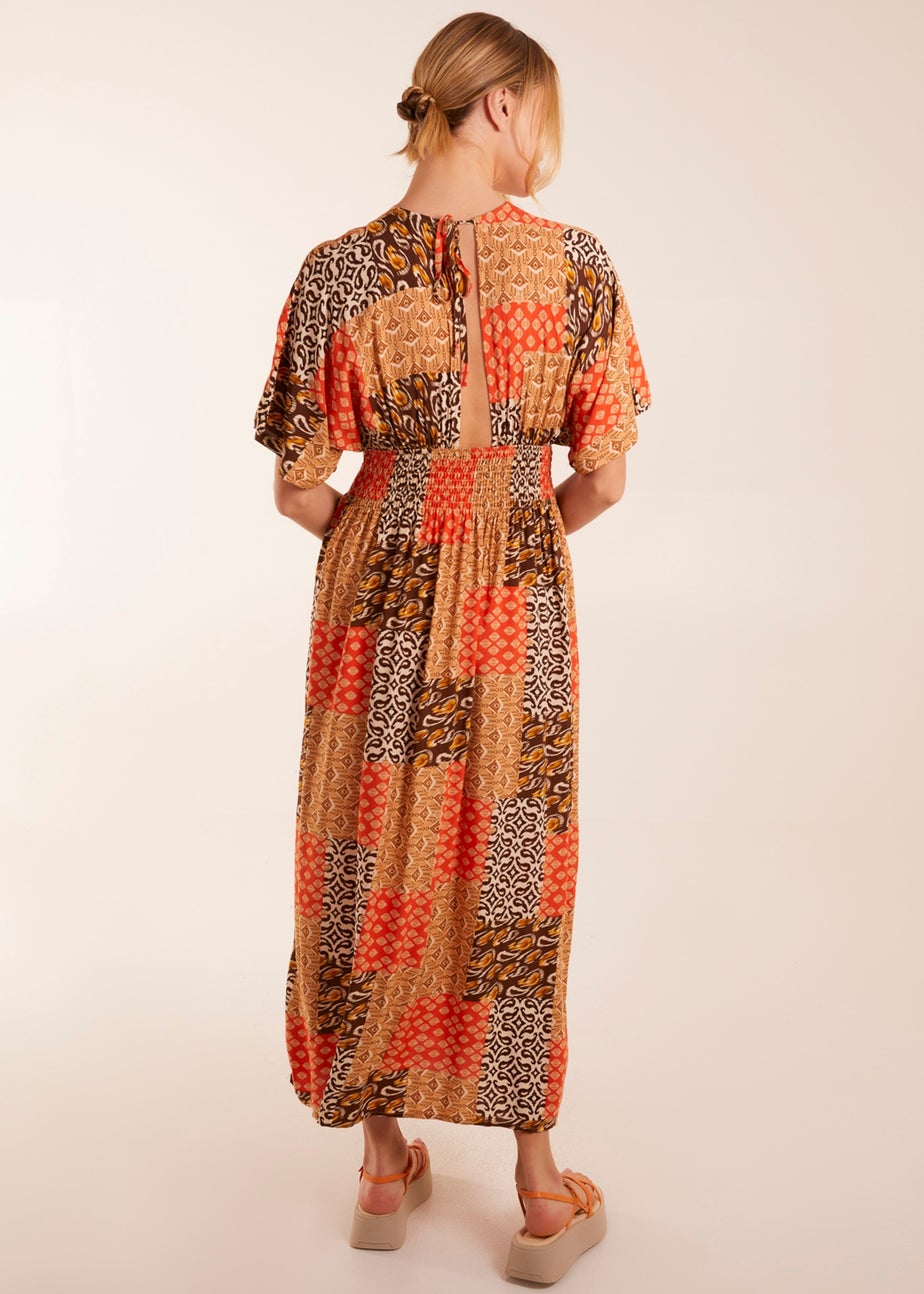 Blue Vanilla Orange Abstract Pattern V Neck Midi Dress