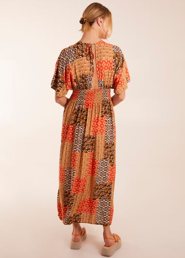 Blue Vanilla Orange Abstract Pattern V Neck Midi Dress