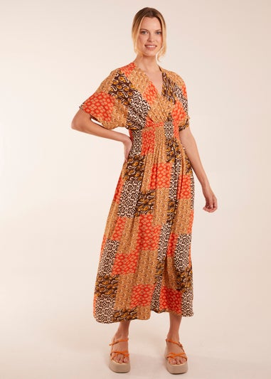 Blue Vanilla Orange Abstract Pattern V Neck Midi Dress