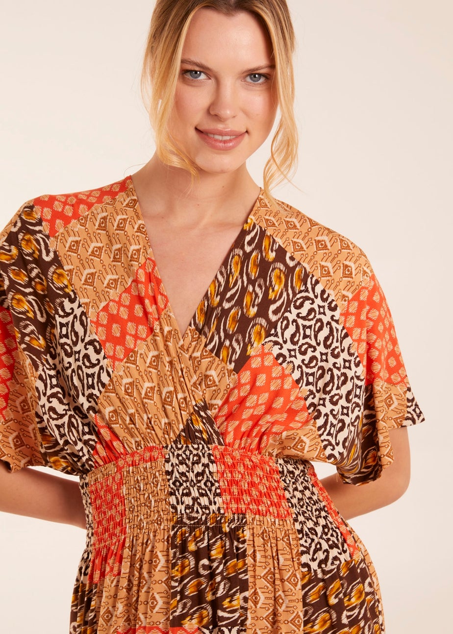 Blue Vanilla Orange Abstract Pattern V Neck Midi Dress