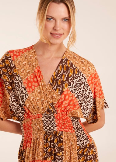 Blue Vanilla Orange Abstract Pattern V Neck Midi Dress