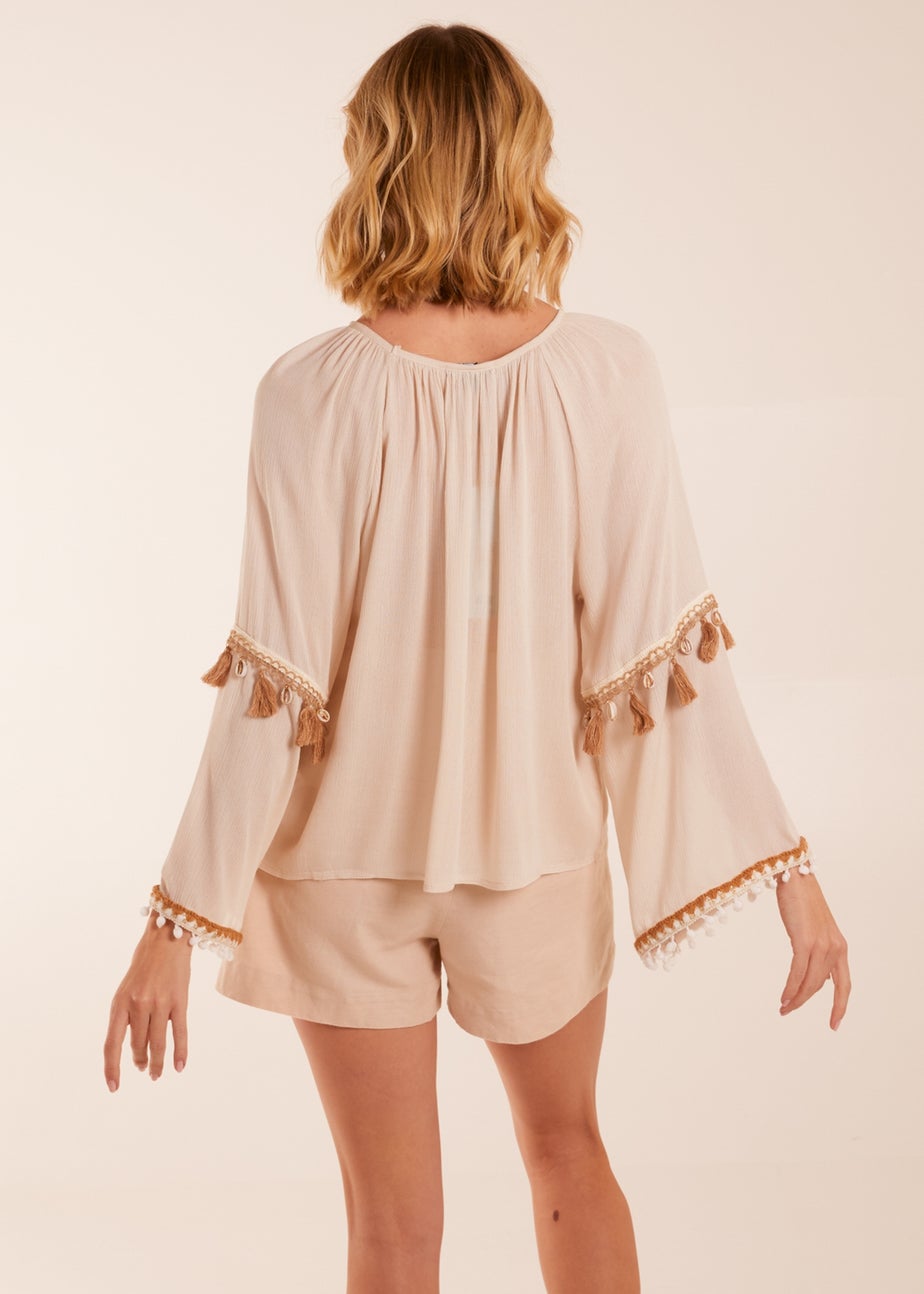 Blue Vanilla Stone Tassel Wide Sleeve Blouse