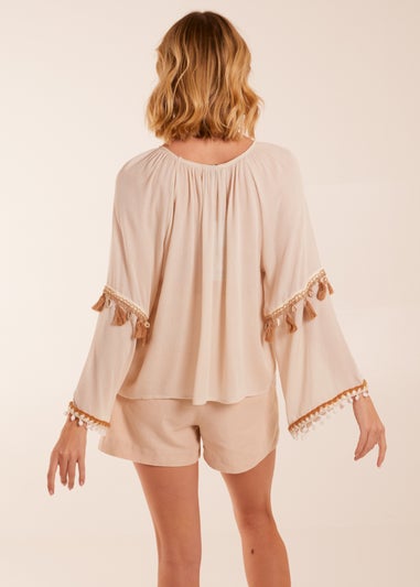 Blue Vanilla Stone Tassel Wide Sleeve Blouse
