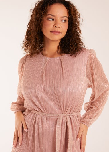 Blue Vanilla Pink Metallic Plisse Belted Dress