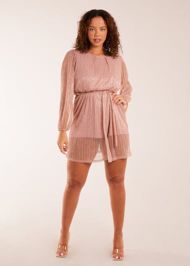 Blue Vanilla Pink Metallic Plisse Belted Dress