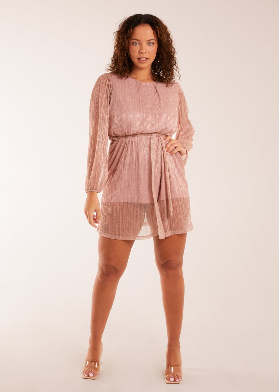 Blue Vanilla Pink Metallic Plisse Belted Dress