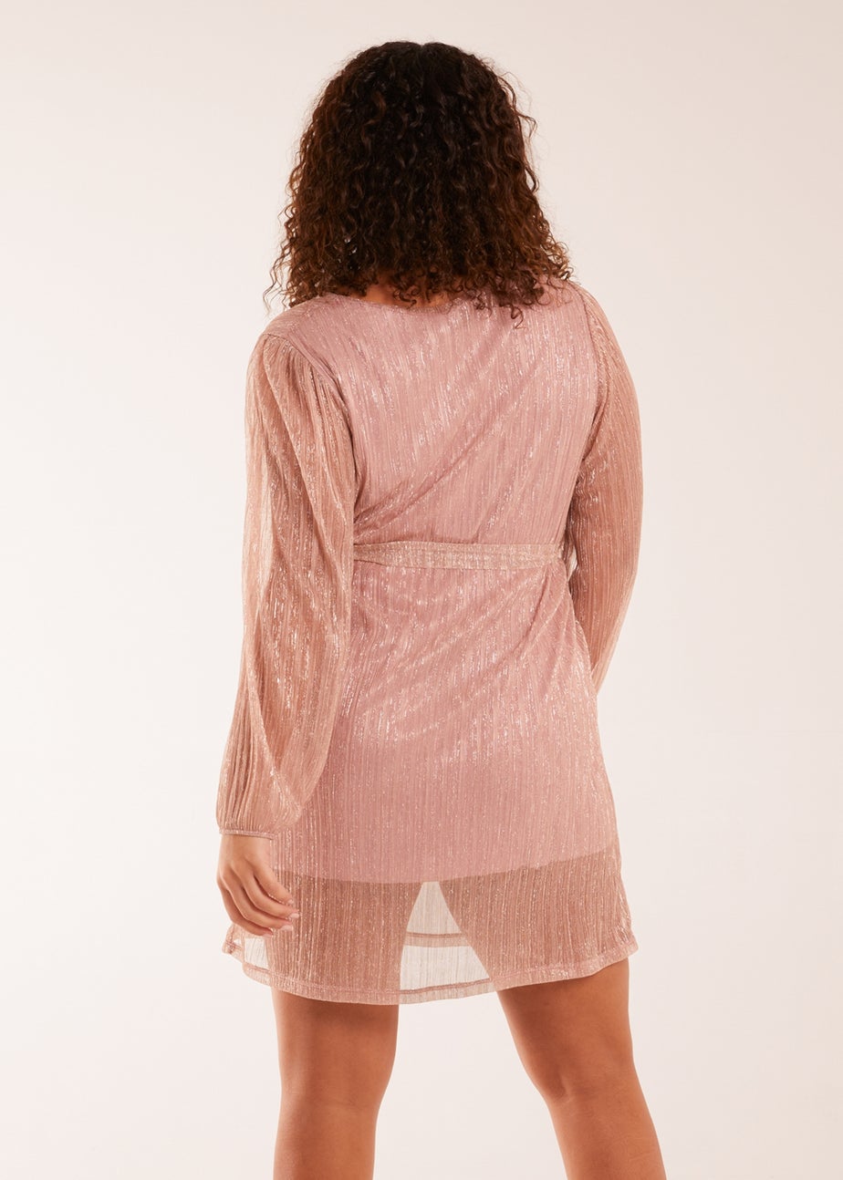 Blue Vanilla Pink Metallic Plisse Belted Dress