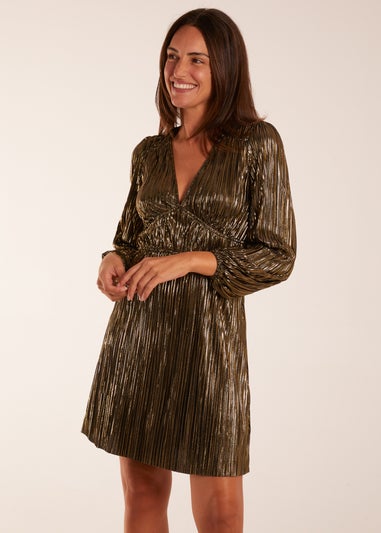 Blue Vanilla Gold Foil Print V-Neck Mini Dress