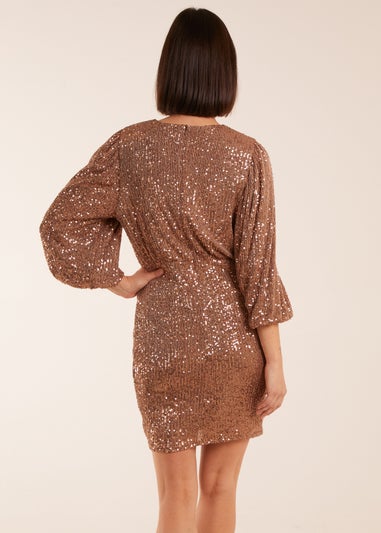 Blue Vanilla Bronze V Neck Puff Ball Sleeve Mini Dress