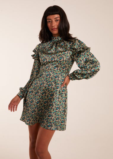 Blue Vanilla Green Ruffle Sleeve High Neck Swing Dress