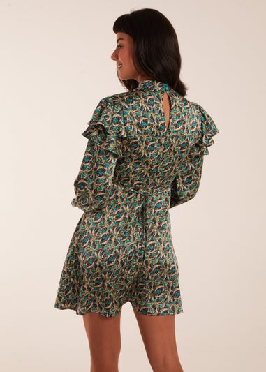 Blue Vanilla Green Ruffle Sleeve High Neck Swing Dress