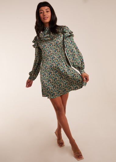 Blue Vanilla Green Ruffle Sleeve High Neck Swing Dress
