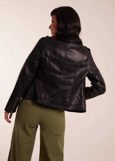 Blue Vanilla Black PU Leather Zip Through Biker Jacket