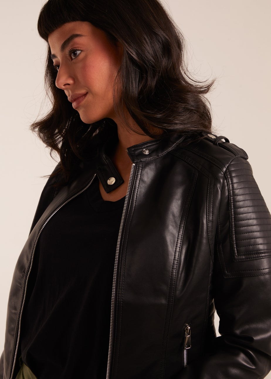 Blue Vanilla Black PU Leather Zip Through Biker Jacket