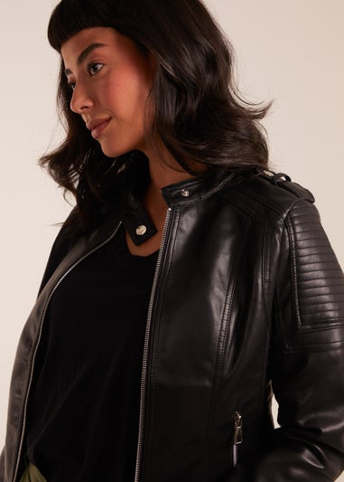 Blue Vanilla Black PU Leather Zip Through Biker Jacket