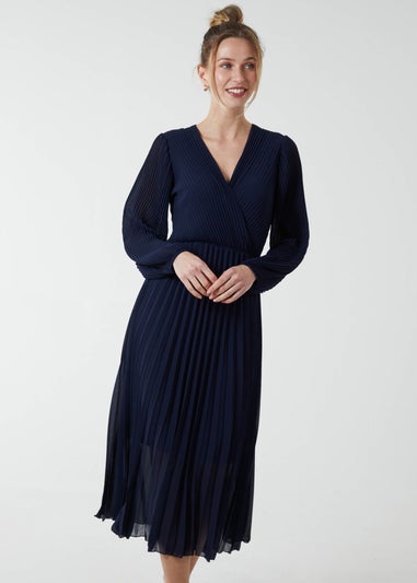 Blue Vanilla Navy Pleated V-Neck Dress