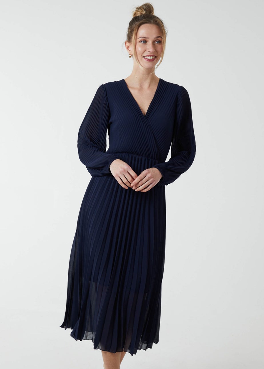Blue Vanilla Navy Pleated V-Neck Dress