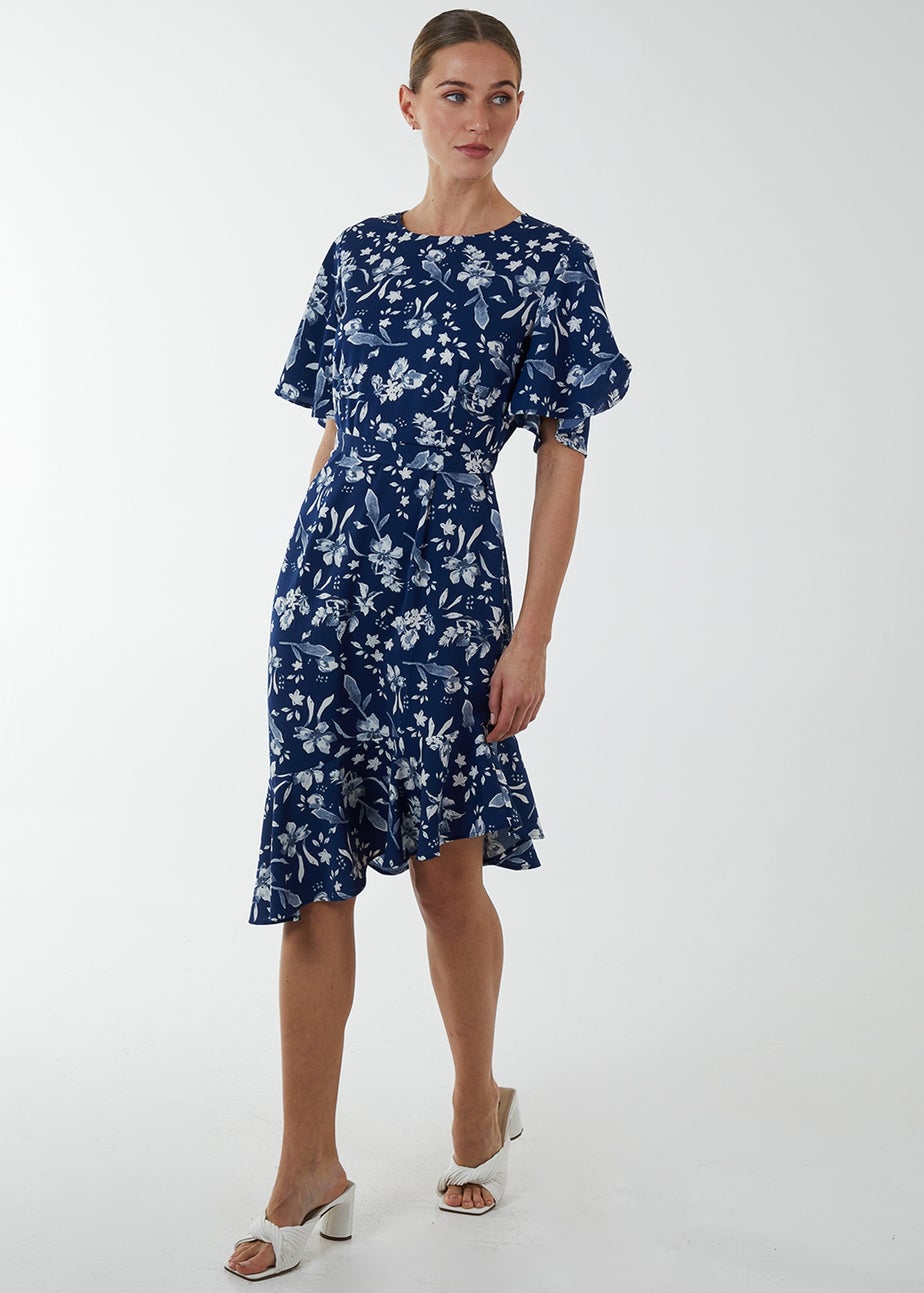 Blue Vanilla Navy Angel Sleeve Asymmetric Tier Midi Dress