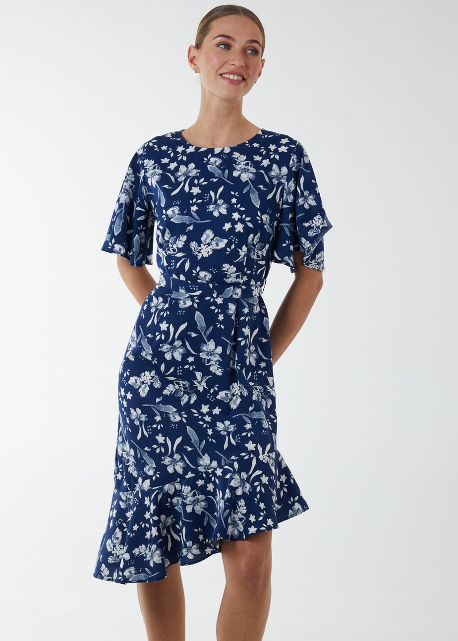 Blue Vanilla Navy Angel Sleeve Asymmetric Tier Midi Dress