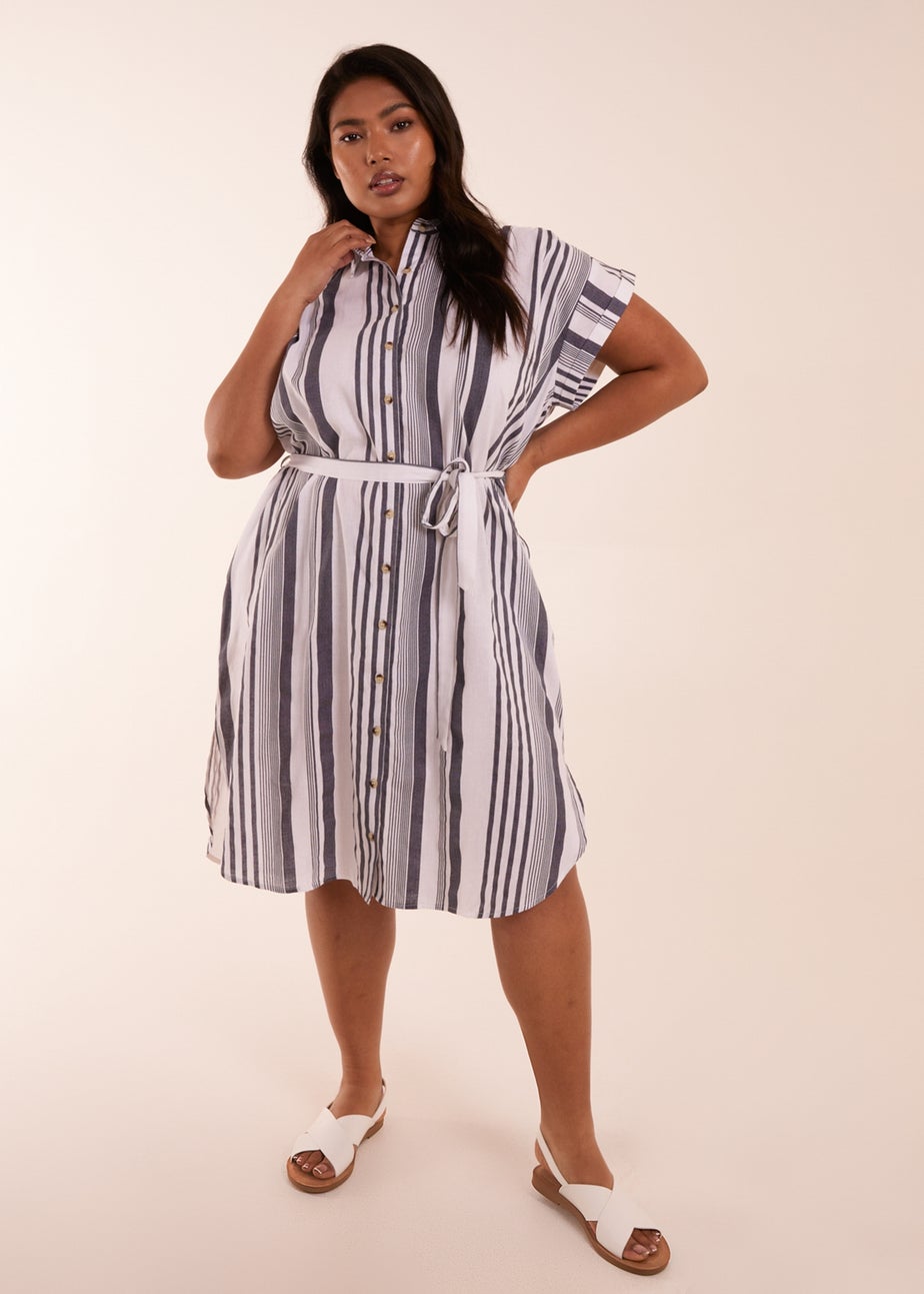 Blue Vanilla Curve White Stripe Button Front Shirt Dress