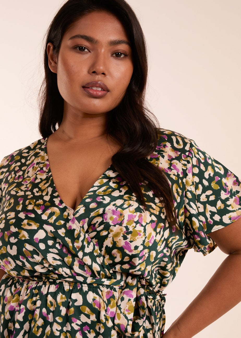 Blue Vanilla Green Curve Animal Wrap Midi Dress