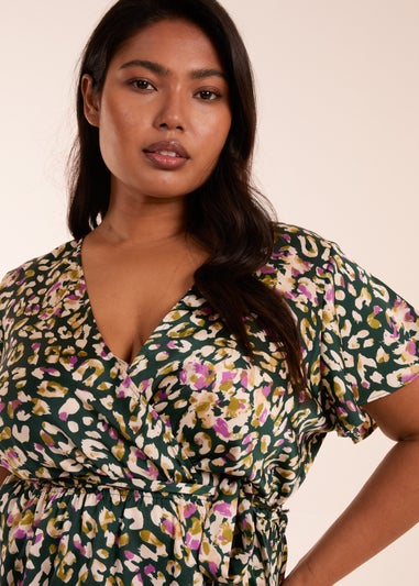 Blue Vanilla Green Curve Animal Wrap Midi Dress