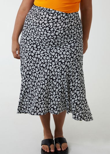 Blue Vanilla Black Curve Asymmetric Seam Midi Skirt