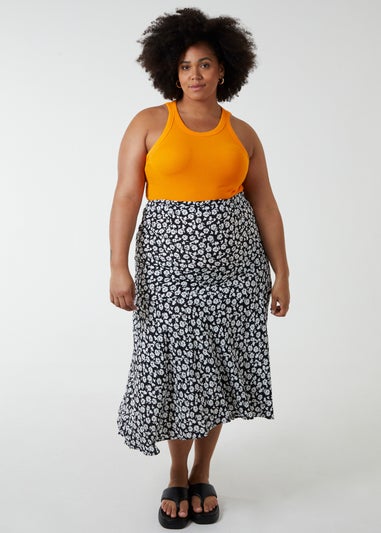 Blue Vanilla Black Curve Asymmetric Seam Midi Skirt