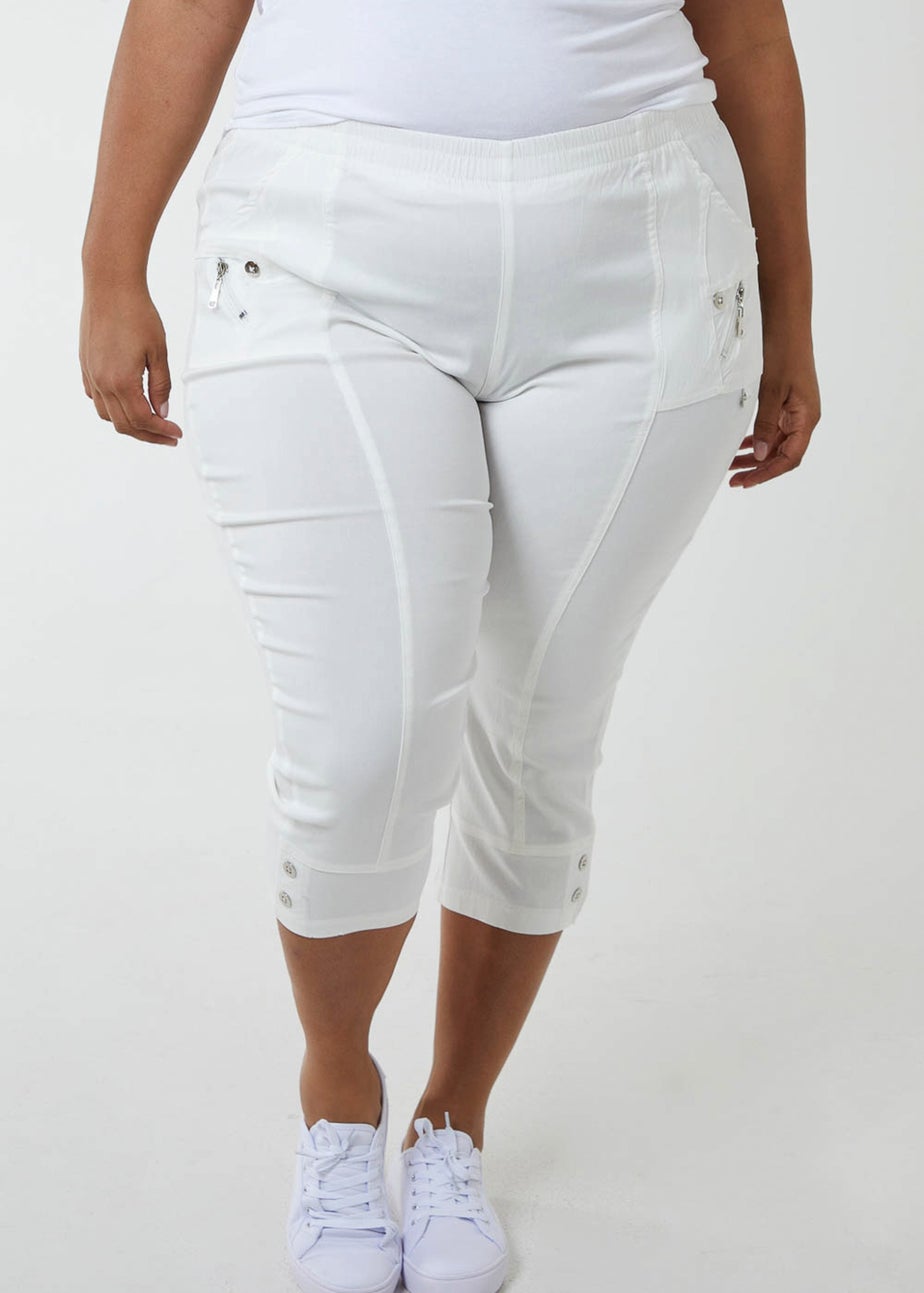 Blue Vanilla Curve  White  Elasticated Waist Zip Detail Crop Trousers