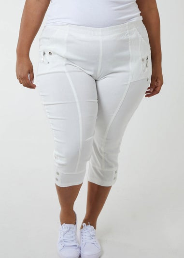 Blue Vanilla Curve  White  Elasticated Waist Zip Detail Crop Trousers