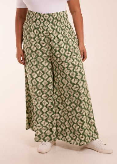 Blue Vanilla Khaki Curve Shirred Wide Leg Aztec Trouser