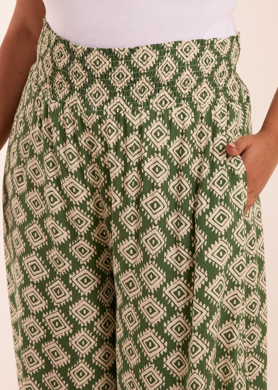 Blue Vanilla Khaki Curve Shirred Wide Leg Aztec Trouser