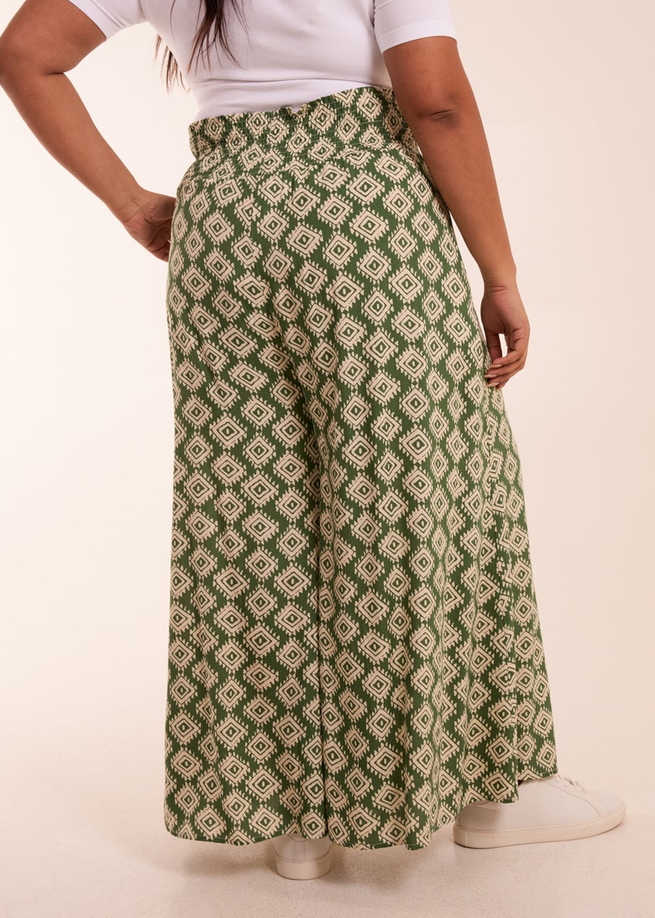 Blue Vanilla Khaki Curve Shirred Wide Leg Aztec Trouser