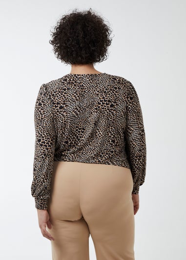 Blue Vanilla Brown Curve Wrap Front Deep Hem Band Top