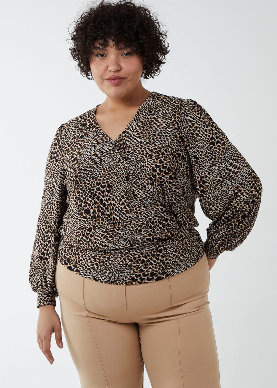 Blue Vanilla Brown Curve Wrap Front Deep Hem Band Top