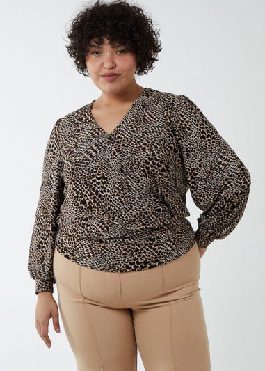 Blue Vanilla Brown Curve Wrap Front Deep Hem Band Top