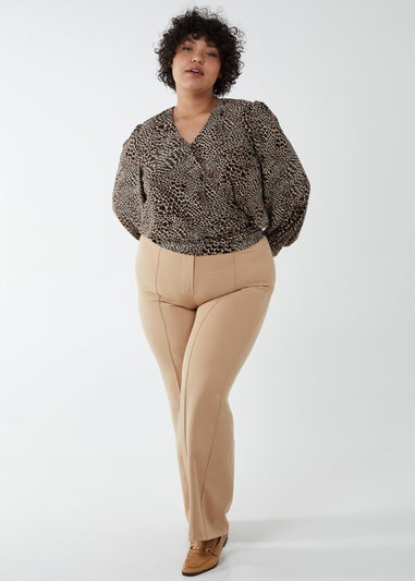 Blue Vanilla Brown Curve Wrap Front Deep Hem Band Top